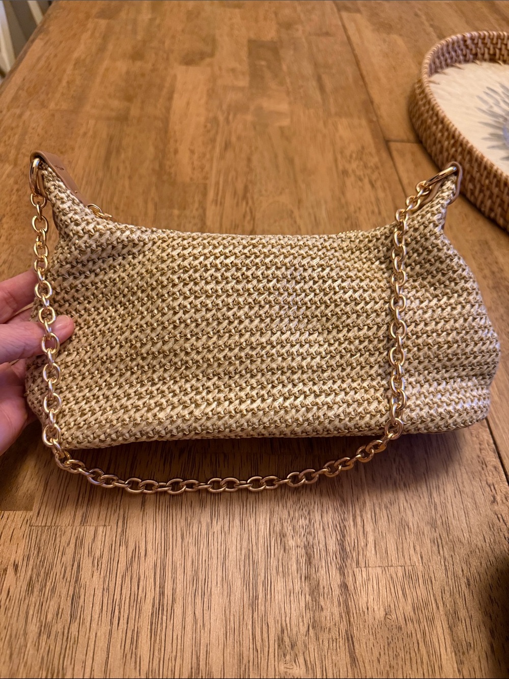 Woven Beige Shoulder Bag with Gold Chain Strap